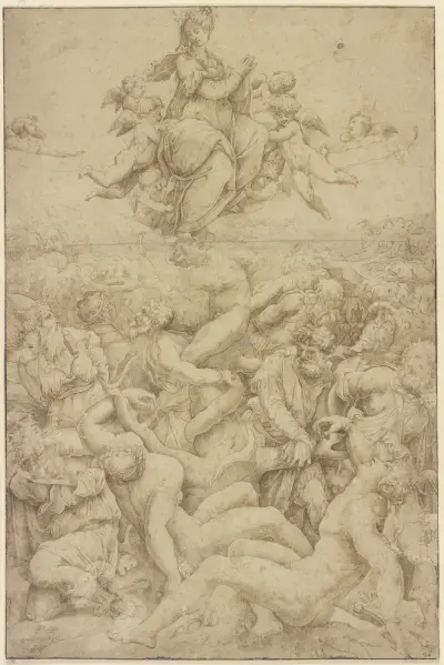 Maria von Engeln getragen als Siegerin über die Schlange und das Heidenthum av Giorgio Vasari