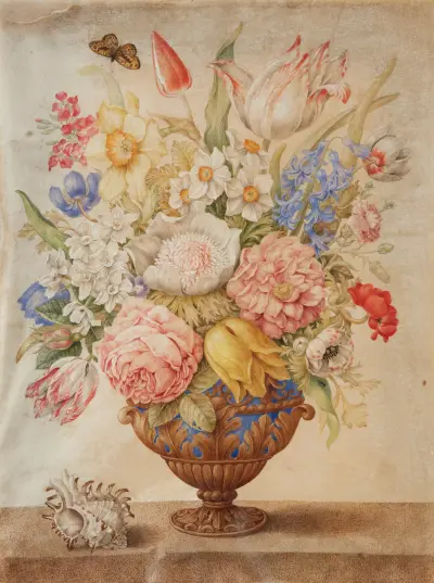 Blommor i vas av lapis lazuli på marmorbord med snäcka och monarkfjäril av Giovanna Garzoni