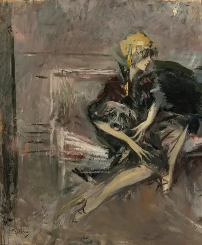 Lady In A Yellow Hat With Her Dog (The Marchesa Casati) av Giovanni Boldini