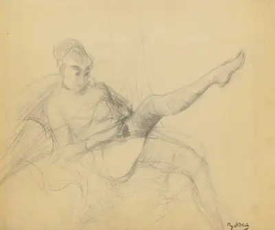 Sittande kvinna som tar på sig strumpan av Giovanni Boldini