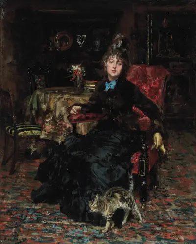 Sittande dam med katt av Giovanni Boldini
