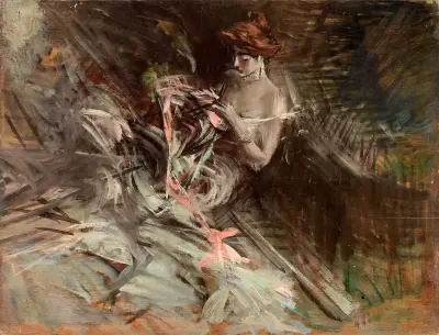 Balklänningen (Interiör med ung flicka som syr) av Giovanni Boldini