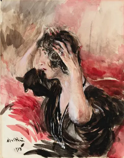 Woman fixing her hair av Giovanni Boldini