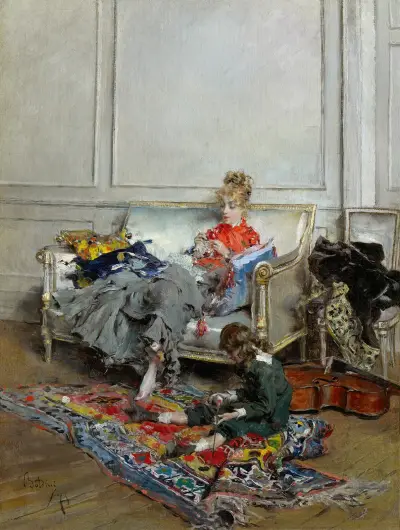 Young Woman Crocheting av Giovanni Boldini