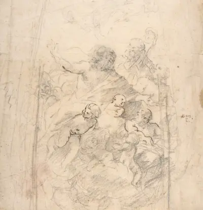 A Bearded Prophet in Glory Attended by a Bishop, Two Other Male Saints, and Angels (Design for a Section of a Dome) av Giovanni Lanfranco