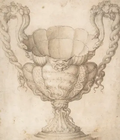 Design for a Decorated Drinking Cup with Floriated Heads around Large Mouth, Intertwined Serpents as Handles av Giulio Romano