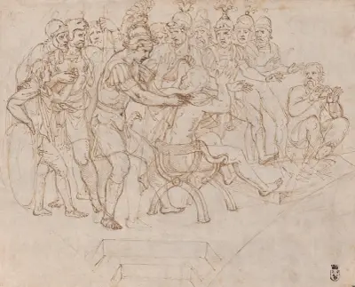 Gaius Marcius Coriolanus upptäckt bland volscierna av Giulio Romano