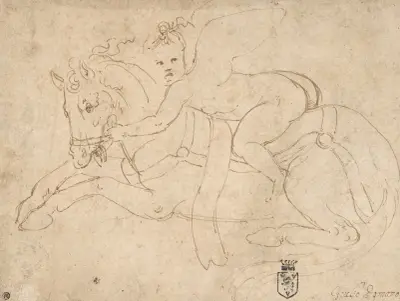 Bevingat barn ridande på en hukande häst av Giulio Romano