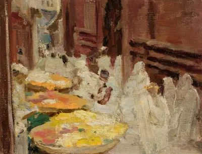 Benares. Heliga kor, blomstermarknad. Från resan till Indien av Jan Ciągliński