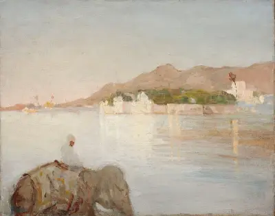 Maharadjan av Udaipurs palats vid sjön. Från resan till Indien av Jan Ciągliński