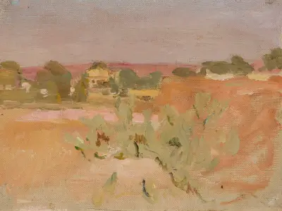 Pink landscape with cactuses. From the journey to India av Jan Ciągliński