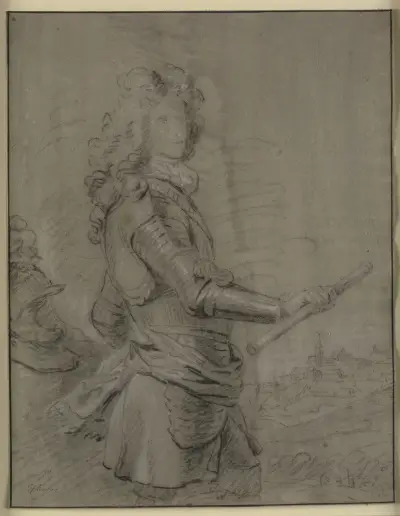 Portræt i knæfigur af en hærfører i rustning og med stav i højre hånd I baggrunden et landskab med en by av Sir Godfrey Kneller