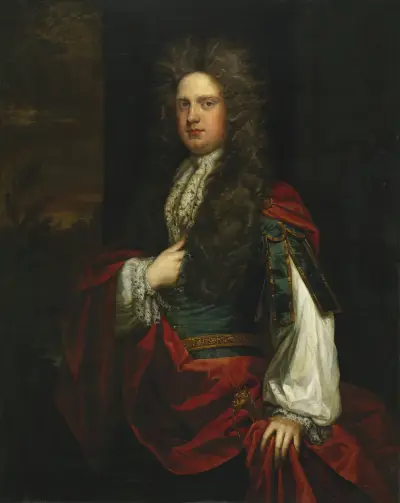 Portrait of a Gentleman Dressed in Blue with a Red Mantle av Sir Godfrey Kneller