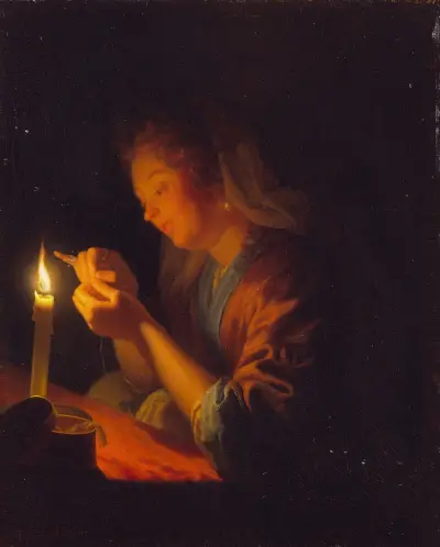 Girl threading a Needle by Candlelight av Godfried Schalcken