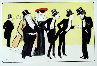 Arthur Meyer, M et MMe Catulle Mendès, Leoneto Capiello, Francis de Croisset, Paul Hervieu av Georges Goursat (Sem)