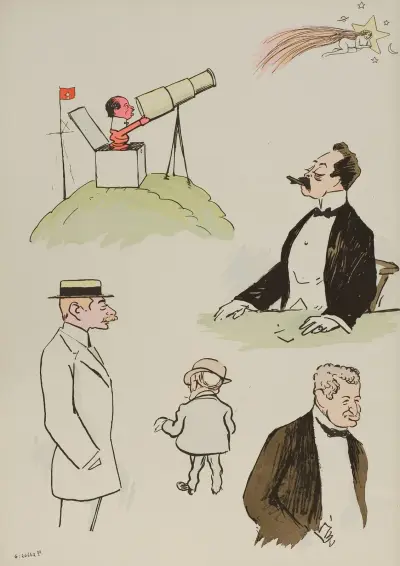 Fem oidentifierade män, bland dem Santos Dumont, Sol Joel och Boldini av Georges Goursat (Sem)