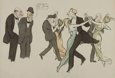 J’aime bien la danse…mais celle-là !; Comte Napoléon Gourgaud, J Hennessy, M Ephrussi, Baron E de Rothschild, comte B de Valon av Georges Goursat (Sem)
