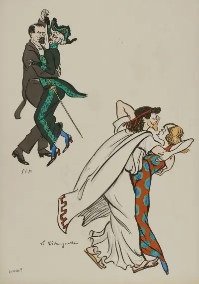 La Mistanguette ; Louis Barthou, Mounet-Sully, Mistinguett av Georges Goursat (Sem)