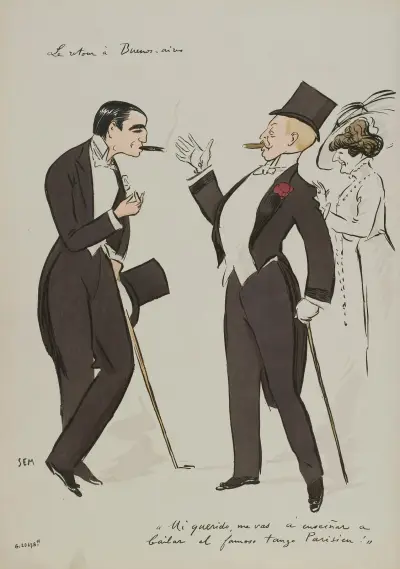 Le retour à Buenos Aires ; Carlos Gardel, Boni de Castellane, Melle Iznaga av Georges Goursat (Sem)