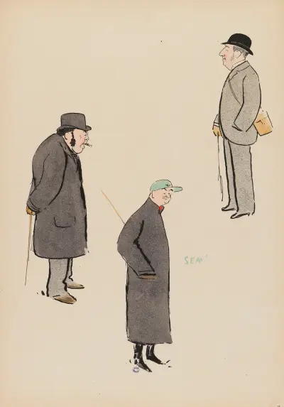 L’entraîneur Levis, M. Harper et M. Basdan, jockey av Georges Goursat (Sem)