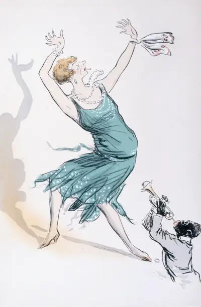 Maggie Meller in grünem Kleid tanzend von Georges Goursat (Sem)