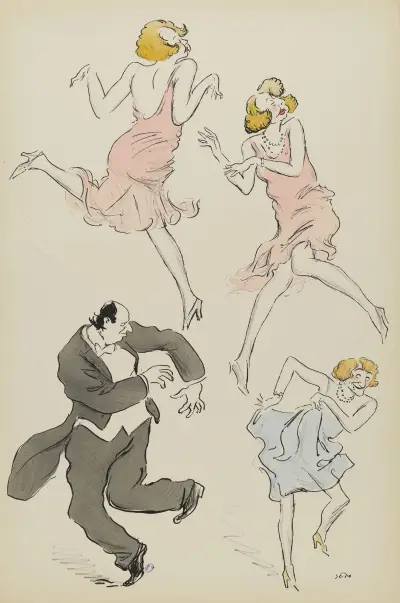 Maurice de Rothschild, Cécile Sorel i blått och en kvinnlig figur i rosa av Georges Goursat (Sem)