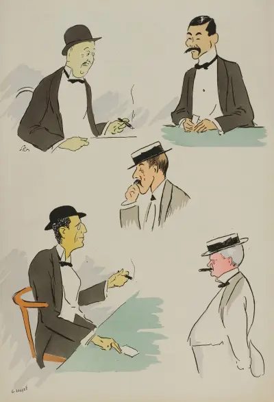Michel Marghilomann, japonais, Me Poulet, Baron James de Rothschild, William K. Vanderbilt av Georges Goursat (Sem)