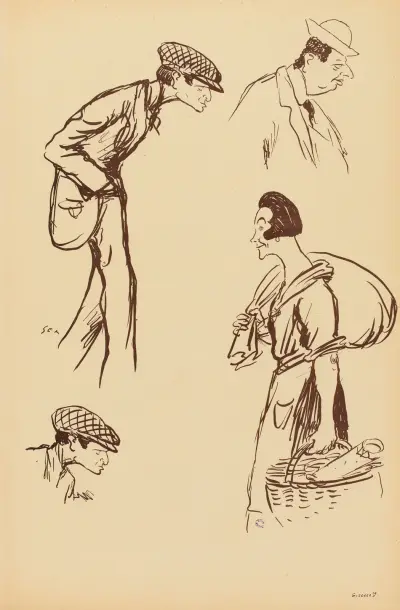 Personnage non identifié dessiné deux fois, Maurice de Rotschild, l’abbé Mugnier av Georges Goursat (Sem)