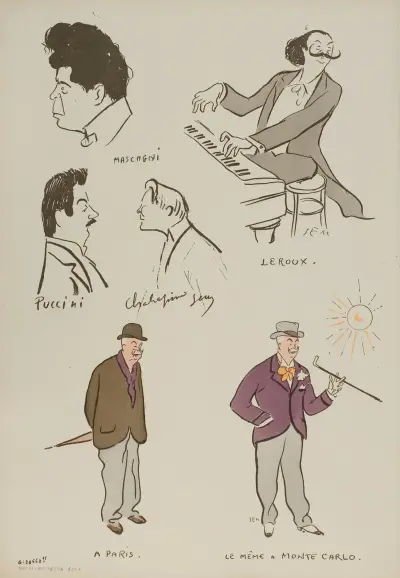 Pietro Mascagni, Xavier Leroux, Giacomo Puccini, Feodor Chaliapine, Enrico Caruso et autres personnages av Georges Goursat (Sem)