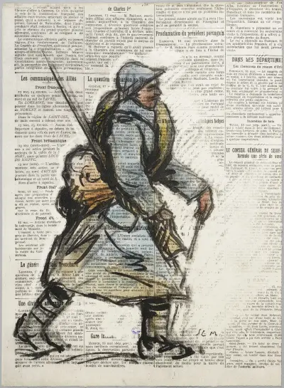 Soldat som marscherar åt höger mot tidningspappersbakgrund av Georges Goursat (Sem)
