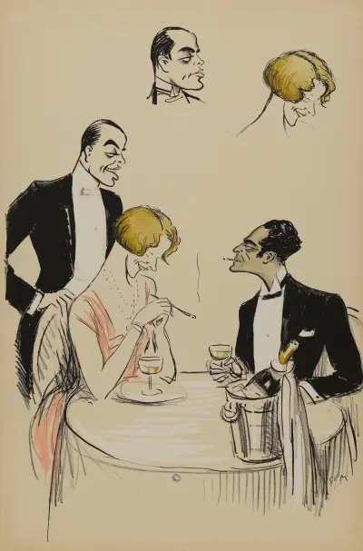 Tre personer på restaurang, med Leonora Hughes av Georges Goursat (Sem)