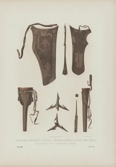 Bow case (naluch), quiver (kolchan), priming flask (chushka), caltrops (chesnokovinka), and a bullet from 1612 av Fedor Grigoryevich Solntsev