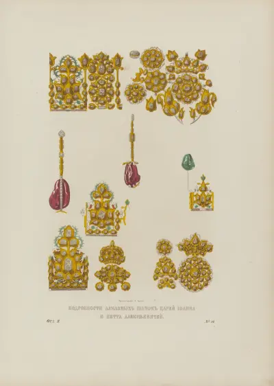 Detaljer av tsar Ioann Alekseevitjs och Peter Alekseevitjs diamantmössor av Fedor Grigoryevich Solntsev