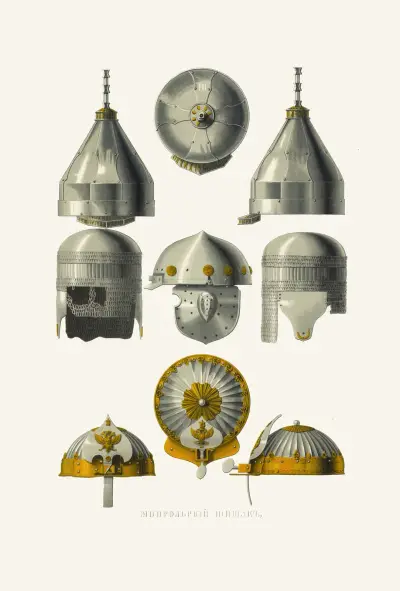 Mongolisk hjälm, prilbiza och misiurka av Fedor Grigoryevich Solntsev