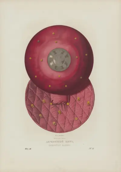 Wooden shield covered with damask av Fedor Grigoryevich Solntsev