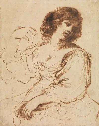 Sittande ung kvinna som ser sig över axeln av Guercino