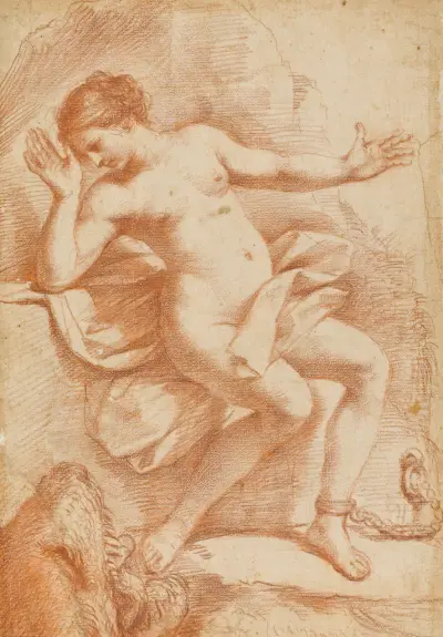 Andromeda fjättrad vid en klippa, hotad av ett havsmonster av Guercino