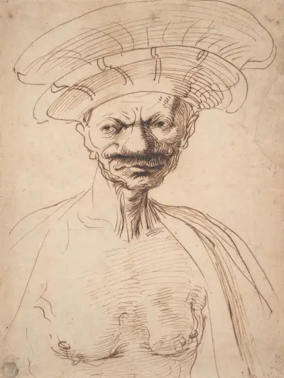 Karikatyrmålning av en man med stor hatt av Guercino