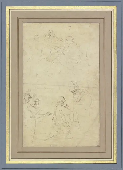 Die Muttergottes in Wolken, unten ein Geistlicher vor einem Bischof kniend, links ein Krieger und eine Frau av Guercino