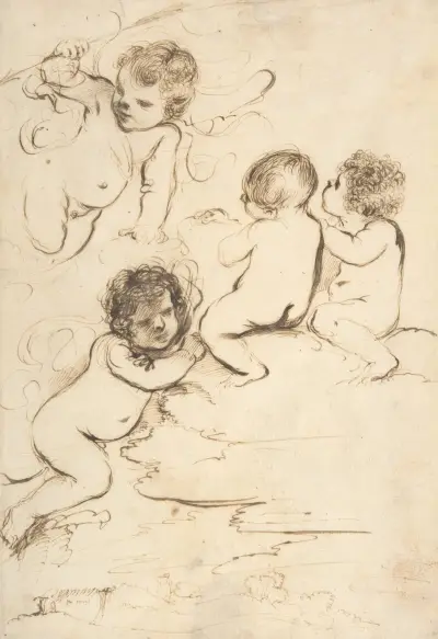 Four Putti with Bow and Arrows on Clouds above a Landscape with a Tower, Guercino