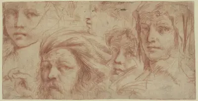 Fem olika huvuden, ett med turban, fyra med blicken riktad åt höger av Guercino