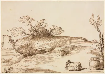 Landskap med en man som lutar sig mot en bal av Guercino