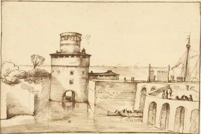 Landskap med utsikt över en befäst hamn av Guercino