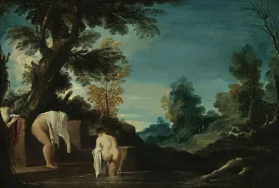 Landscape with Bathing Women av Guercino