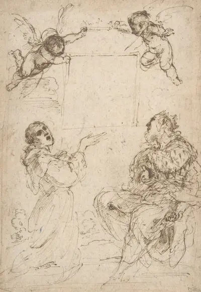 Sankt Franciskus av Assisi och Sankt Ludvig av Frankrike vördar en bild av Jungfrun av Guercino
