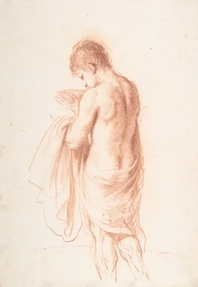 Stående yngling sedd bakifrån med en skål av Guercino