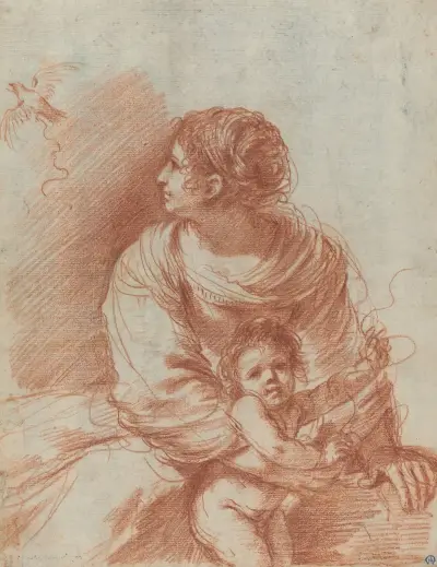 Madonnan och barnet med en undflugen steglits av Guercino