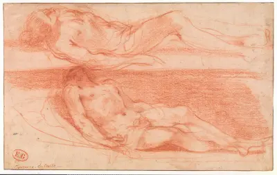 Två studier av en liggande naken mansfigur, Kristus av Guercino