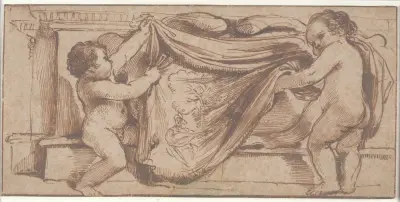 Two Putti Covering a Cartouche on a Pediment with a Tapestry Representing a Lute Player in a Landscape av Guercino