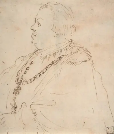 Waist-Length Portrait of a Man Wearing the Order of the Golden Fleece, in Profile Facing Left av Guercino